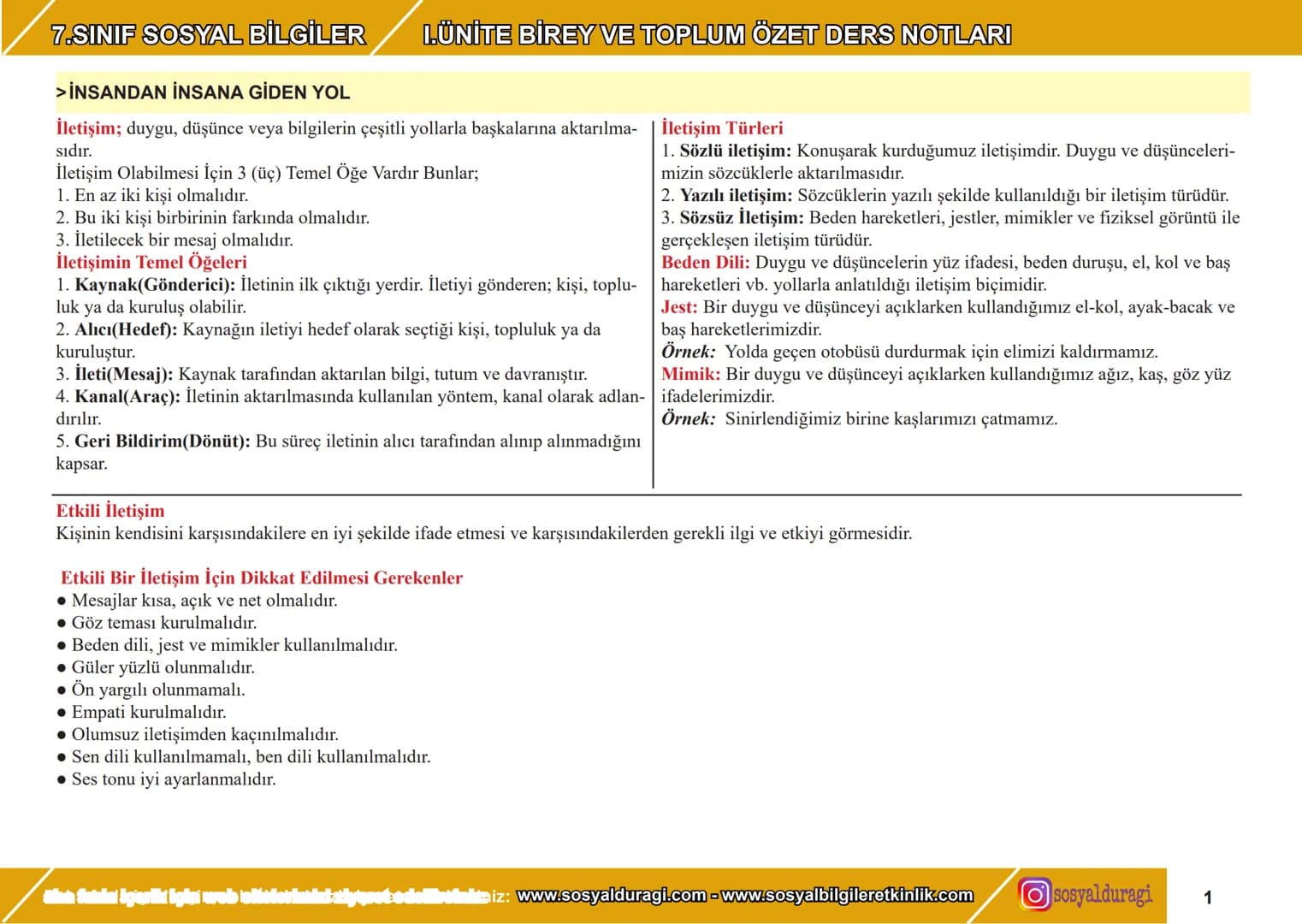 7.SINIF SOSYAL BİLGİLER I. ÜNİTE BİREY VE TOPLUM ÖZET DERS NOTLARI
> İNSANDAN İNSANA GİDEN YOL
İletişim; duygu, düşünce veya bilgilerin çe