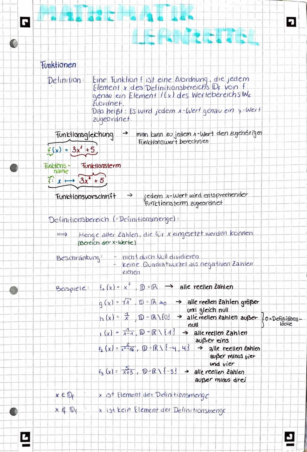 Funktionen
Delinition: Eine Funktion f ist eine zuordnung, die jedem
Element x des Definitionsbereichs Dr von f
genau ein Element f(x) des