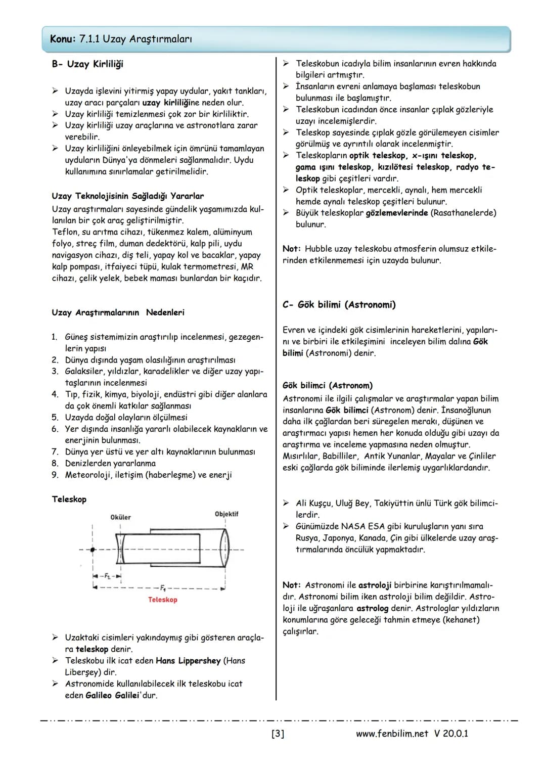 # 7.Sınıf Fen Bilimleri
## Ders Notları
Barış ZEREN
Fen Bilimleri Öğretmeni
www.fenbilim.net V 20.0.1 # 1.Ünite: Güneş Sistemi ve Ötesi
