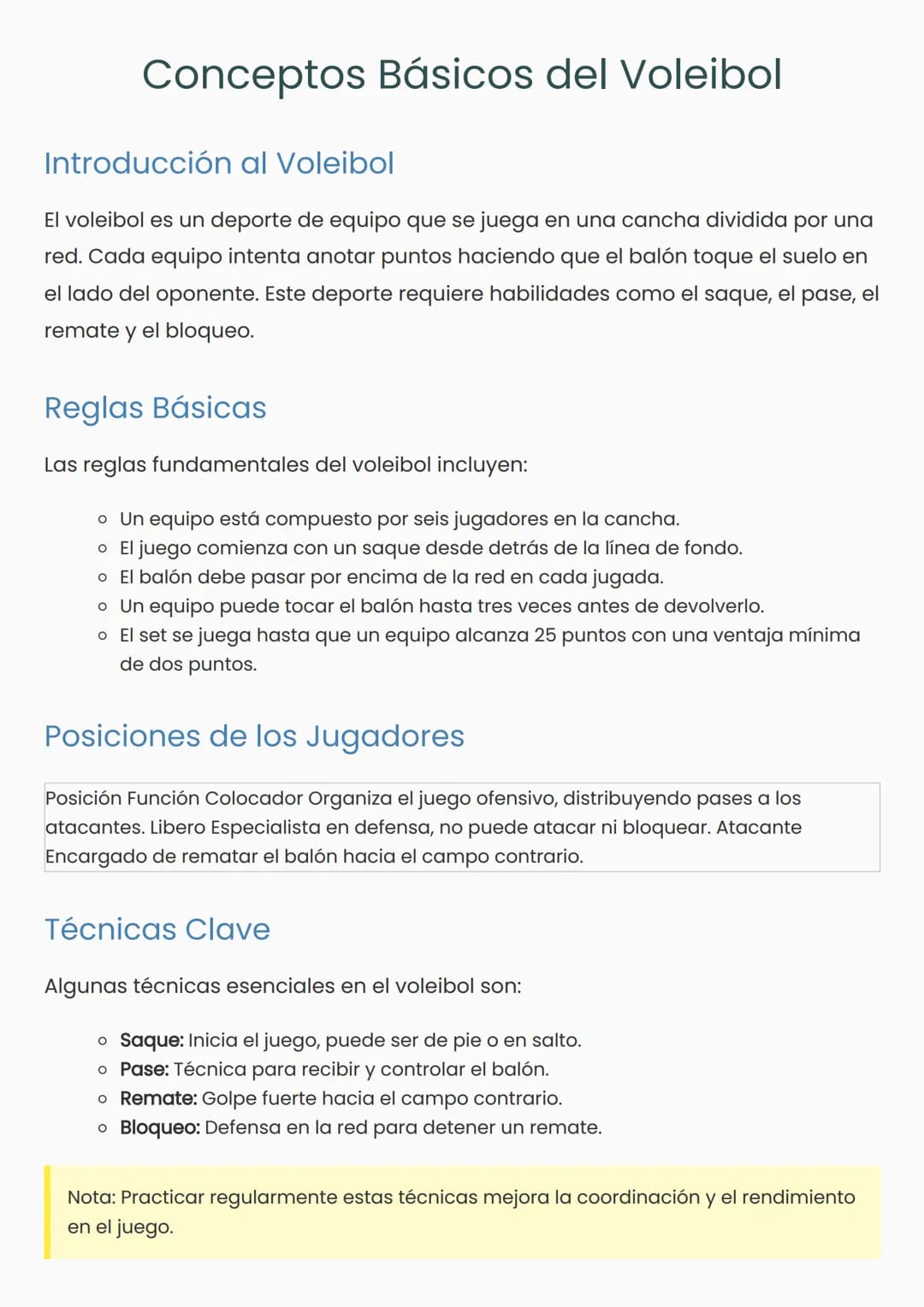 # Conceptos Básicos del Voleibol
## Introducción al Voleibol
El voleibol es un deporte de equipo que se juega en una cancha dividida por u