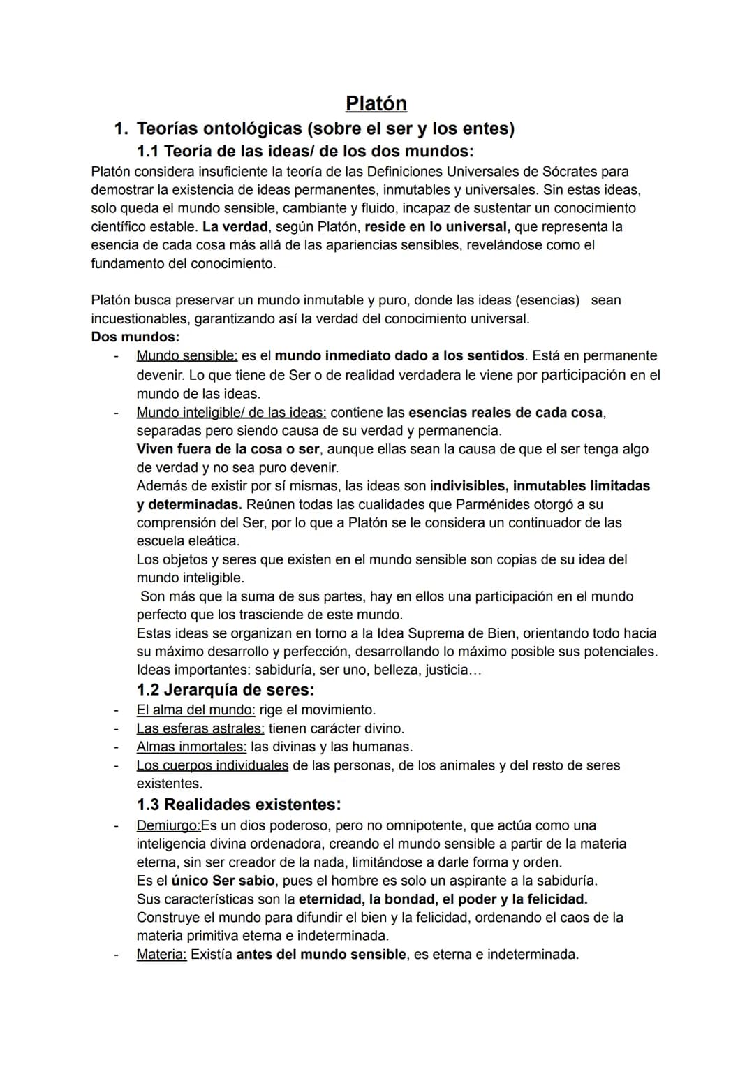 # Platón
1. Teorías ontológicas (sobre el ser y los entes)
1.1 Teoría de las ideas/ de los dos mundos:
Platón considera insuficiente la
