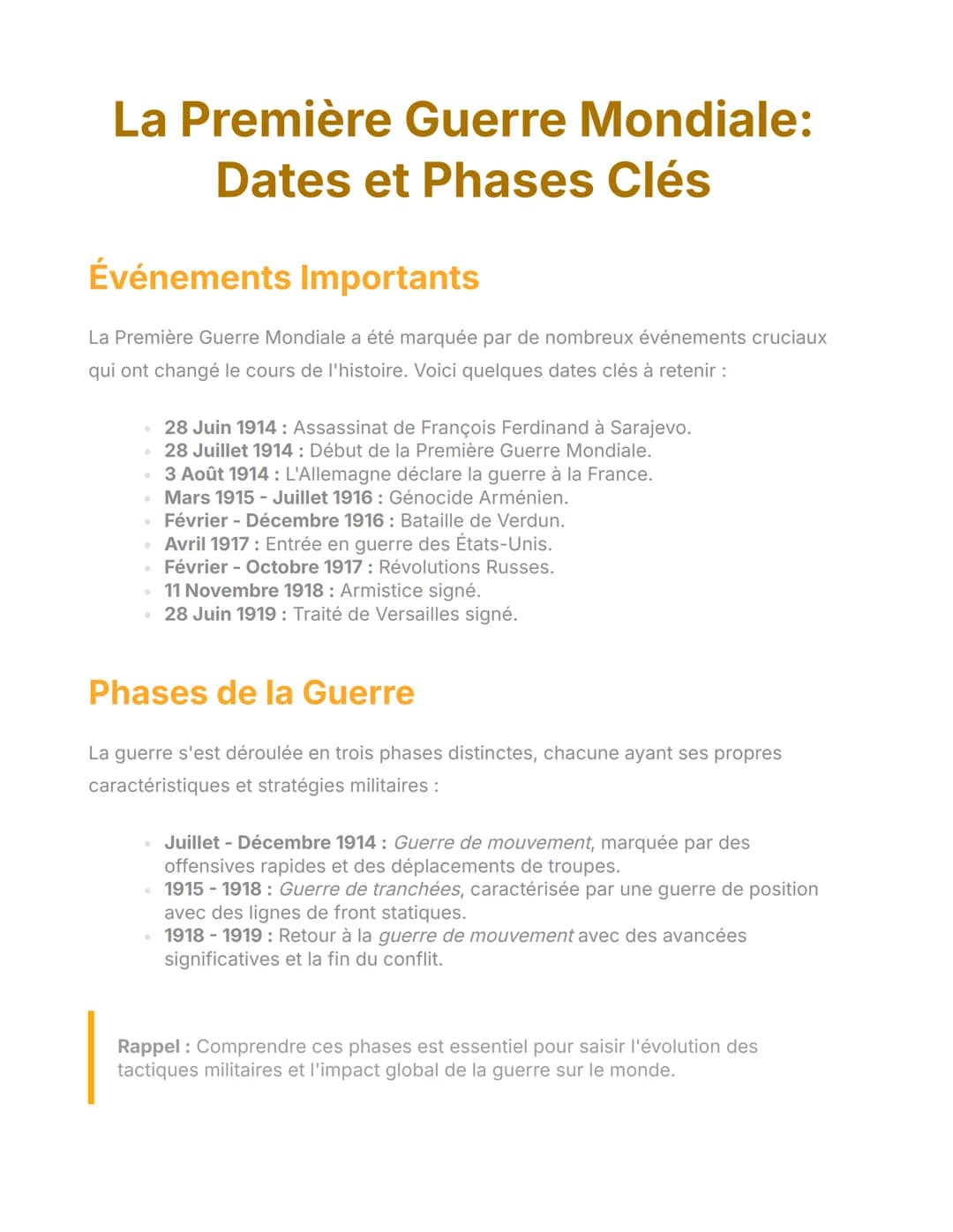 # La Première Guerre Mondiale:
Dates et Phases Clés
## Événements Importants
La Première Guerre Mondiale a été marquée par de nombreux évé