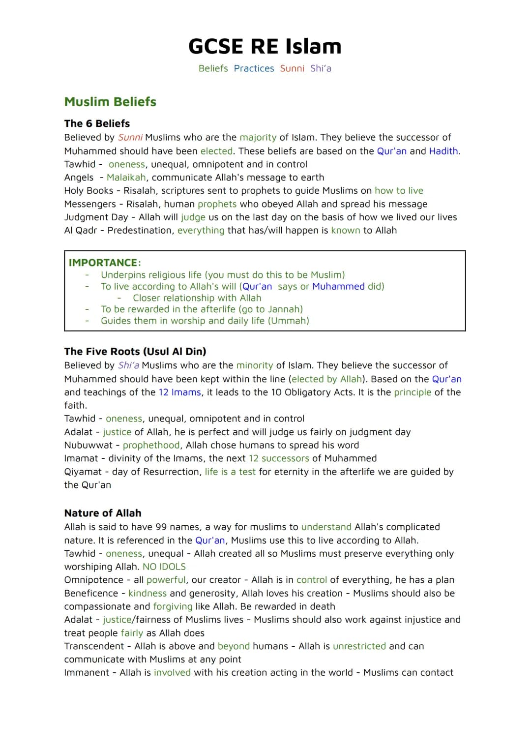 # GCSE RE Islam
Beliefs Practices Sunni Shi'a
Muslim Beliefs
**The 6 Beliefs**
Believed by Sunni Muslims who are the majority of Islam. T