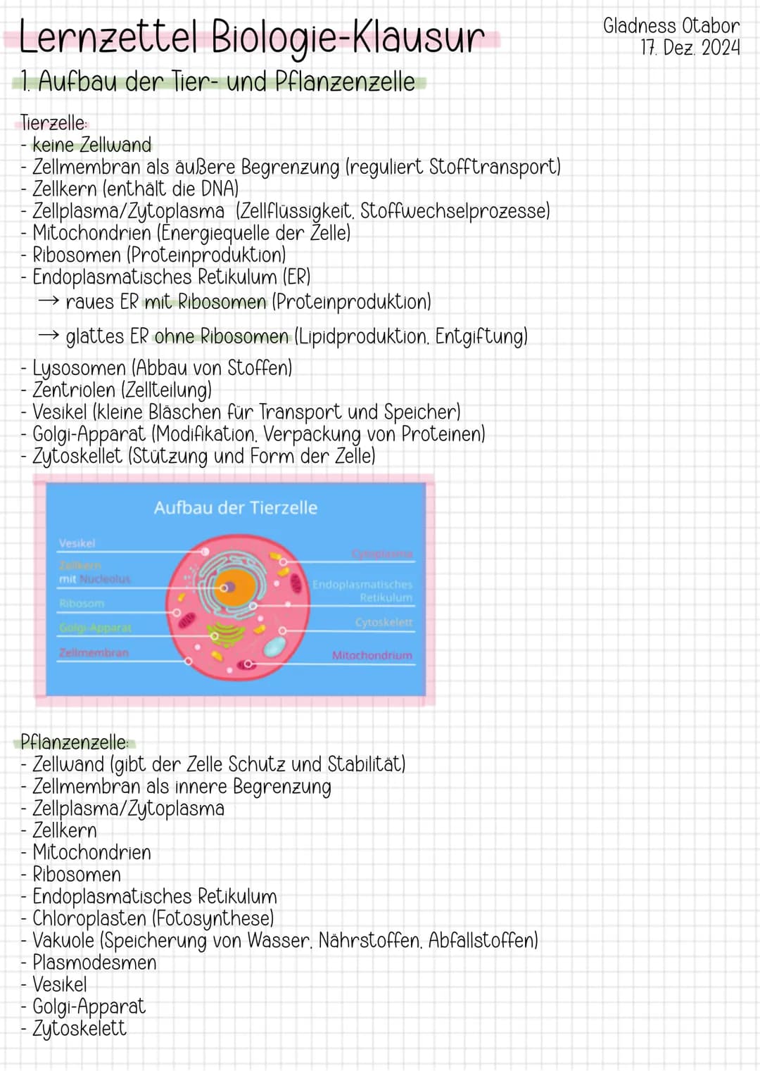 # Lernzettel Biologie-Klausur
1. Aufbau der Tier- und Pflanzenzelle
Tierzelle:
- keine Zellwand
- Zellmembran als außere Begrenzung (regu