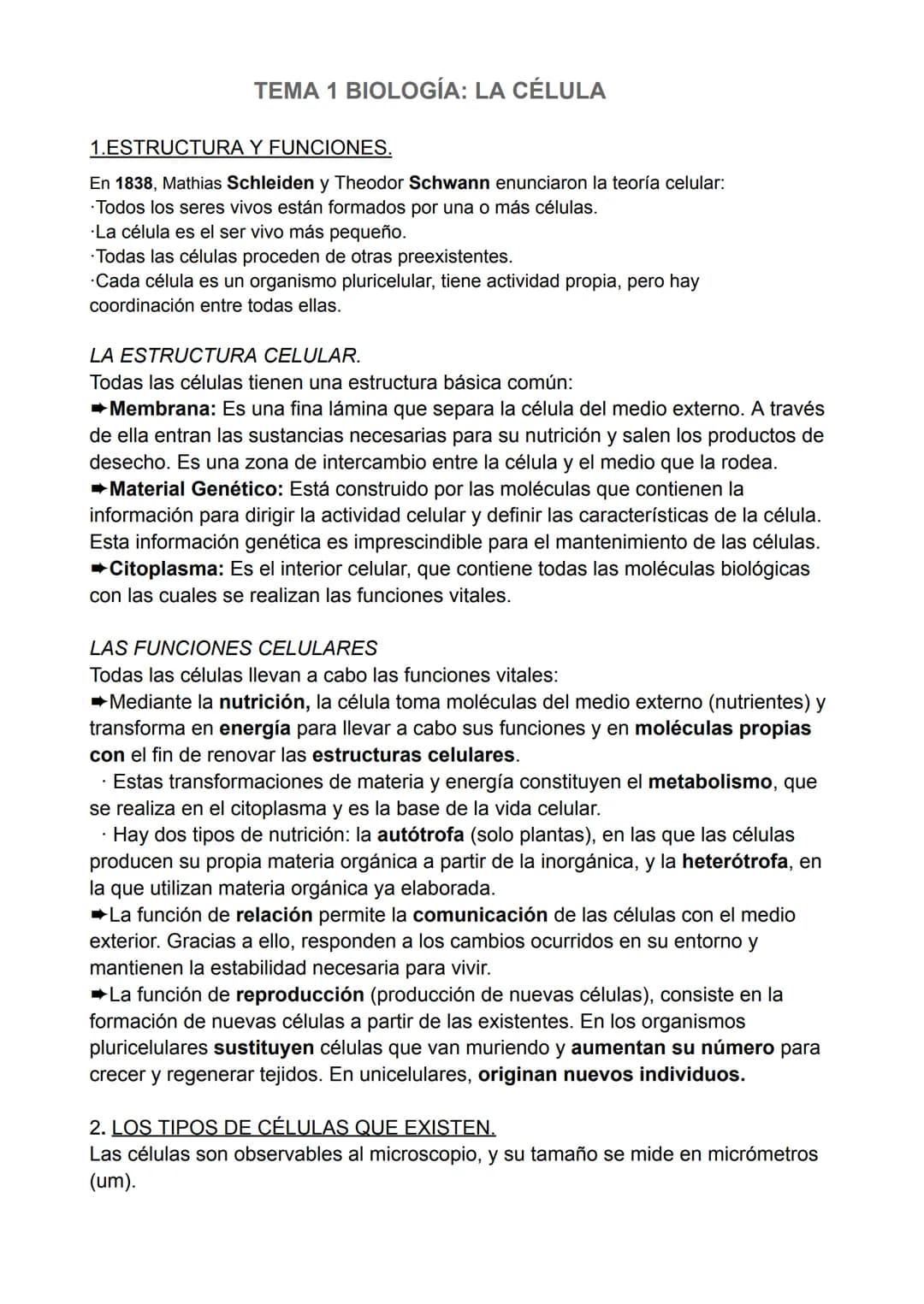 # TEMA 1 BIOLOGÍA: LA CÉLULA
1.ESTRUCTURA Y FUNCIONES.
En 1838, Mathias Schleiden y Theodor Schwann enunciaron la teoría celular:
* Todo