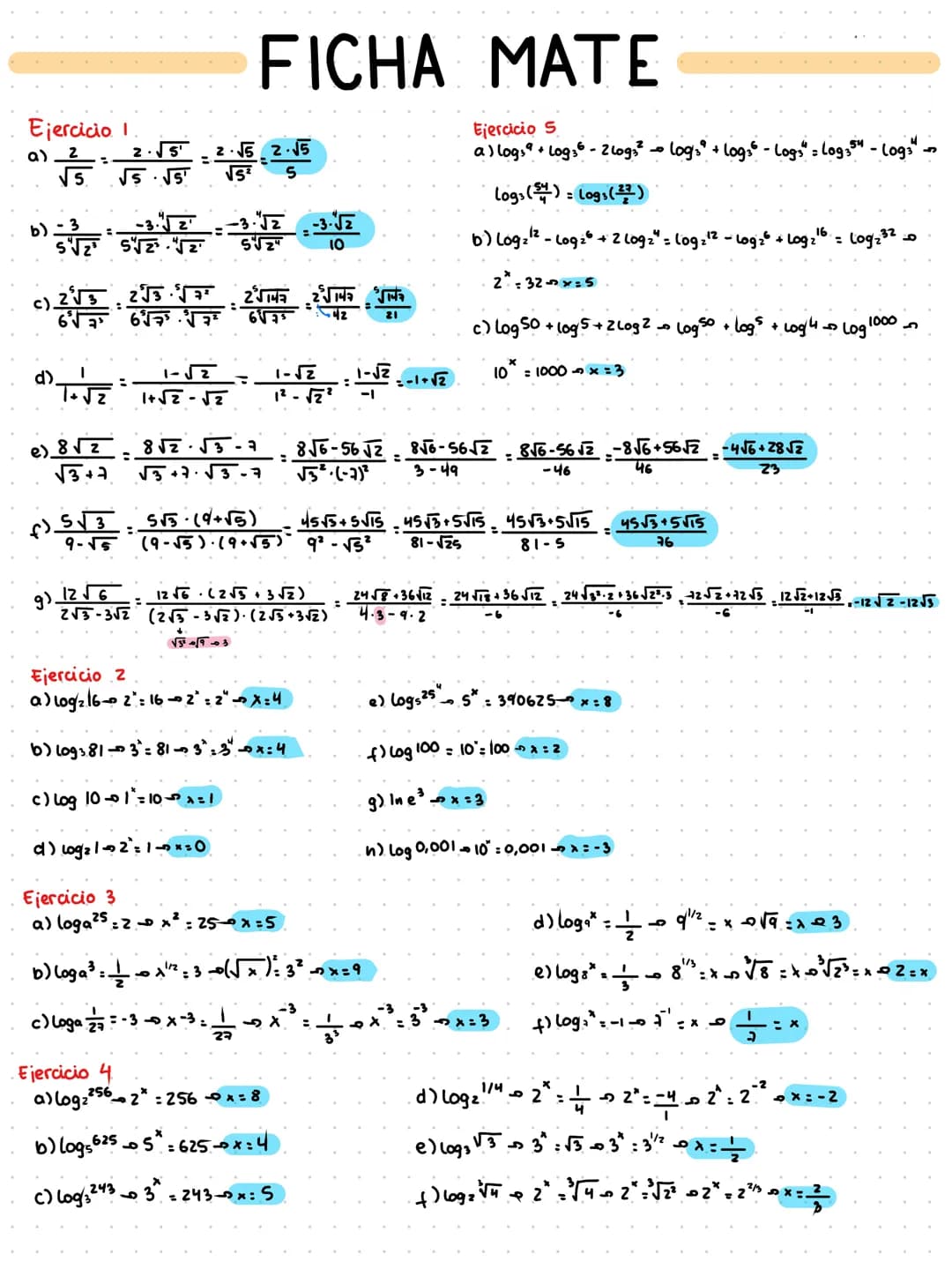 # FICHA MATE
Ejercicio I
α) $\frac{2}{\sqrt{5}} = \frac{2}{\sqrt{5}} \cdot \frac{\sqrt{5}}{\sqrt{5}} = \frac{2 \cdot \sqrt{5}}{\sqrt{5}^2}