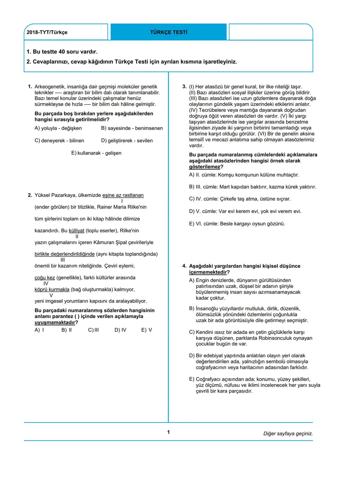 # ÖSYM
T.C. Ölçme, Seçme ve Yerleştirme Merkezi
YÜKSEKÖĞRETİM KURUMLARI SINAVI
TEMEL YETERLİLİK TESTİ (TYT)
30 HAZİRAN 2018 CUMARTESİ
Bu