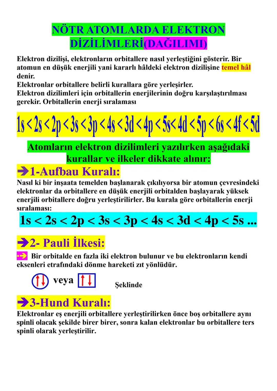 # NÖTR ATOMLARDA ELEKTRON
## DİZİLİMLERİ (DAĞILIMI)
Elektron dizilişi, elektronların orbitallere nasıl yerleştiğini gösterir. Bir
atomun en