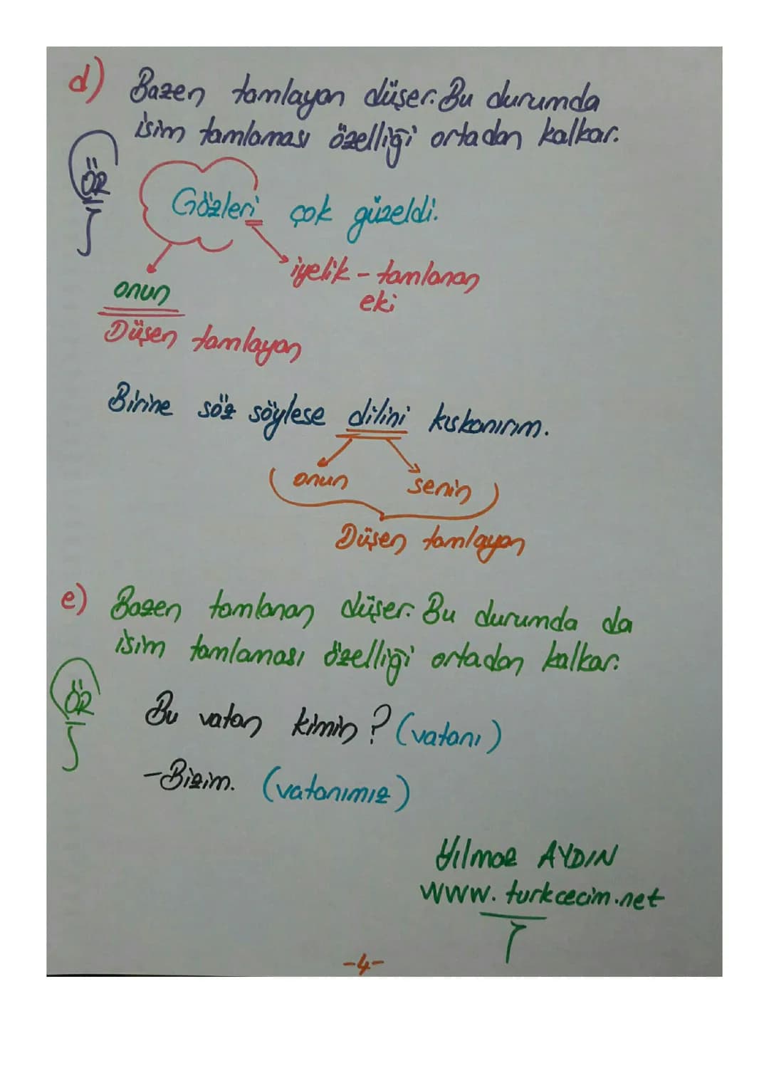 İSİM TAMLAMALARI
En az iki adın veya ad soylu sözcüğün
ek alarak veya eksiz halde aitlik ilgisiyle
yeni bir ad olmasıdır.
Yılmaz AYDIN
İsim