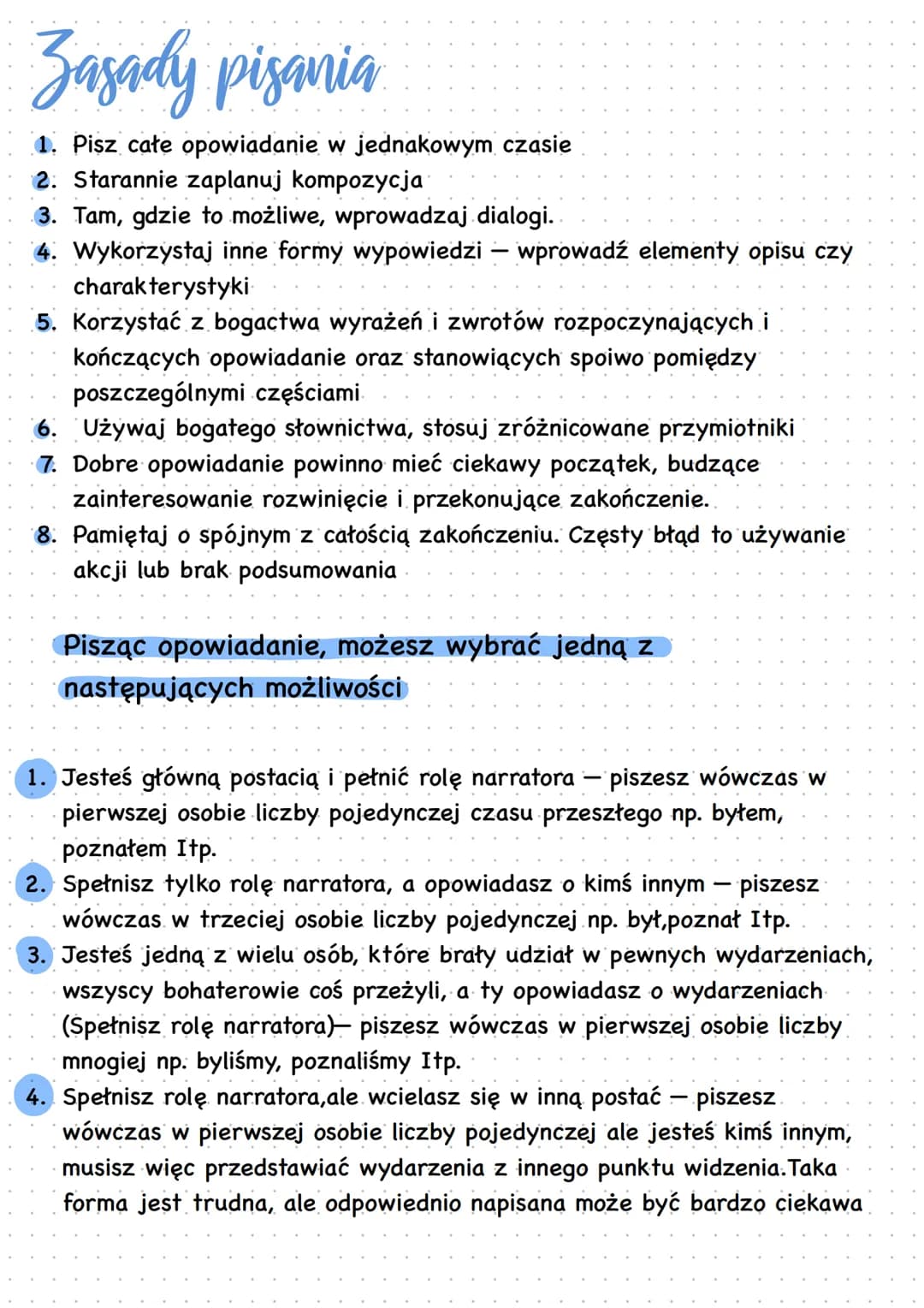 # Opowiadanie
## Co powinno zawierać?
- Czas i miejsce akcji Określ, gdzie i kiedy toczą się wydarzenia
- Elementy opisu. - Opisz jak wygl
