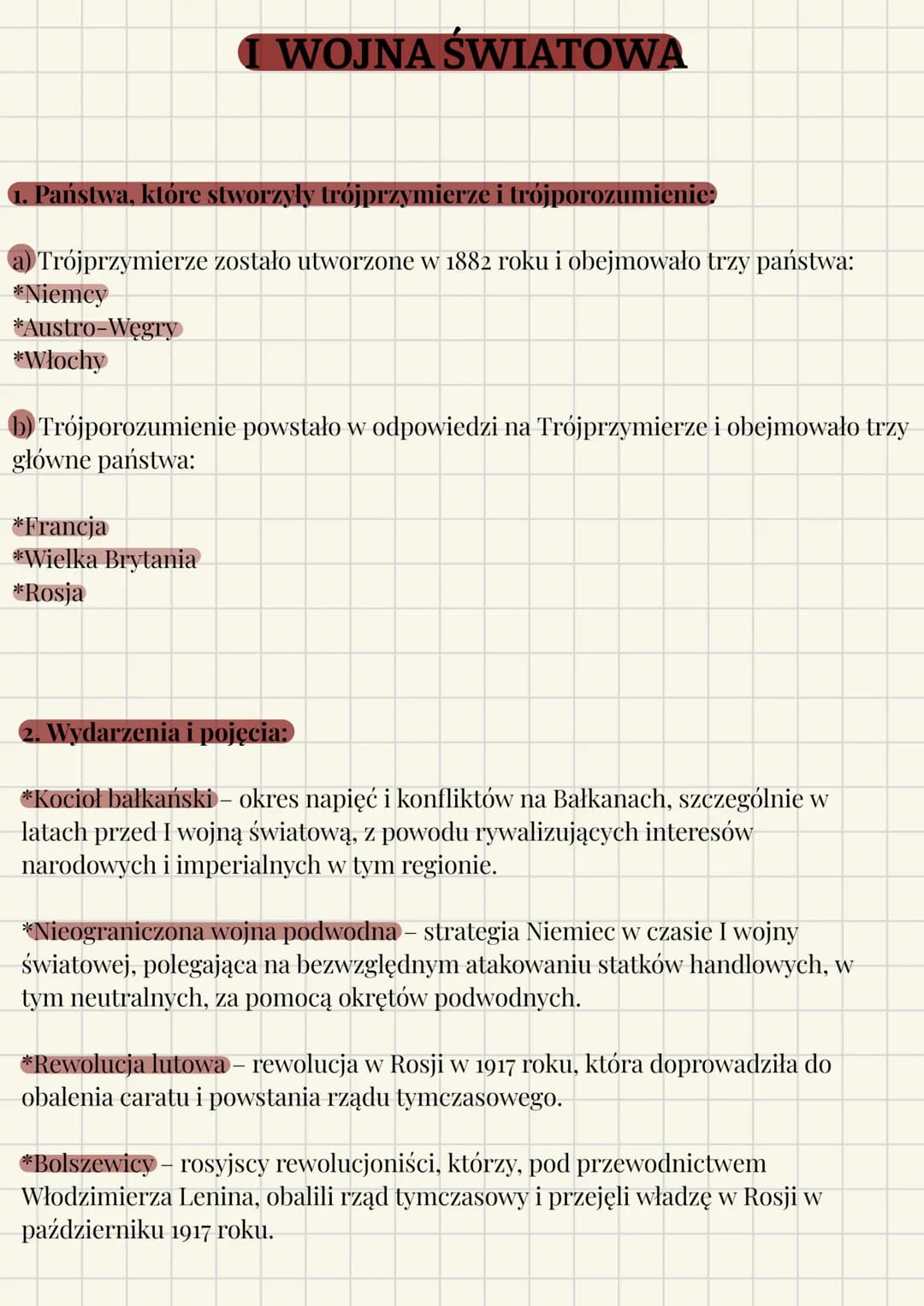 # I WOJNA ŚWIATOWA
1. Państwa, które stworzyły trójprzymierze i trójporozumienie:
a) Trójprzymierze zostało utworzone w 1882 roku i obejmo