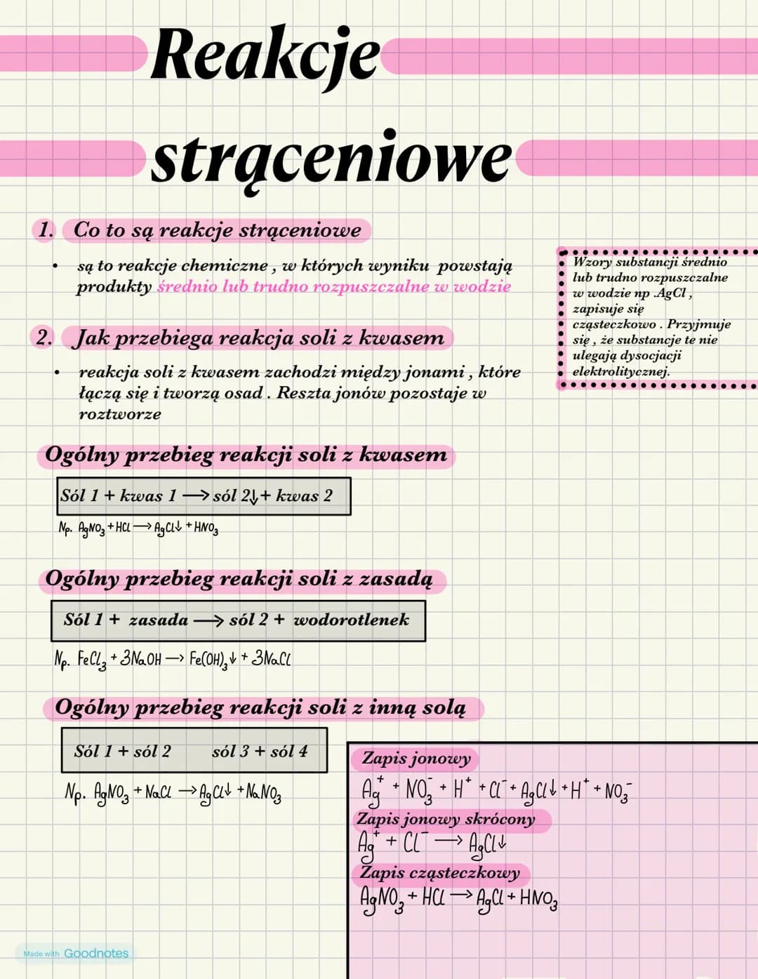 # Reakcje
# strąceniowe
1. Co to są reakcje strąceniowe
* są to reakcje chemiczne, w których wyniku powstają
produkty średnio lub t