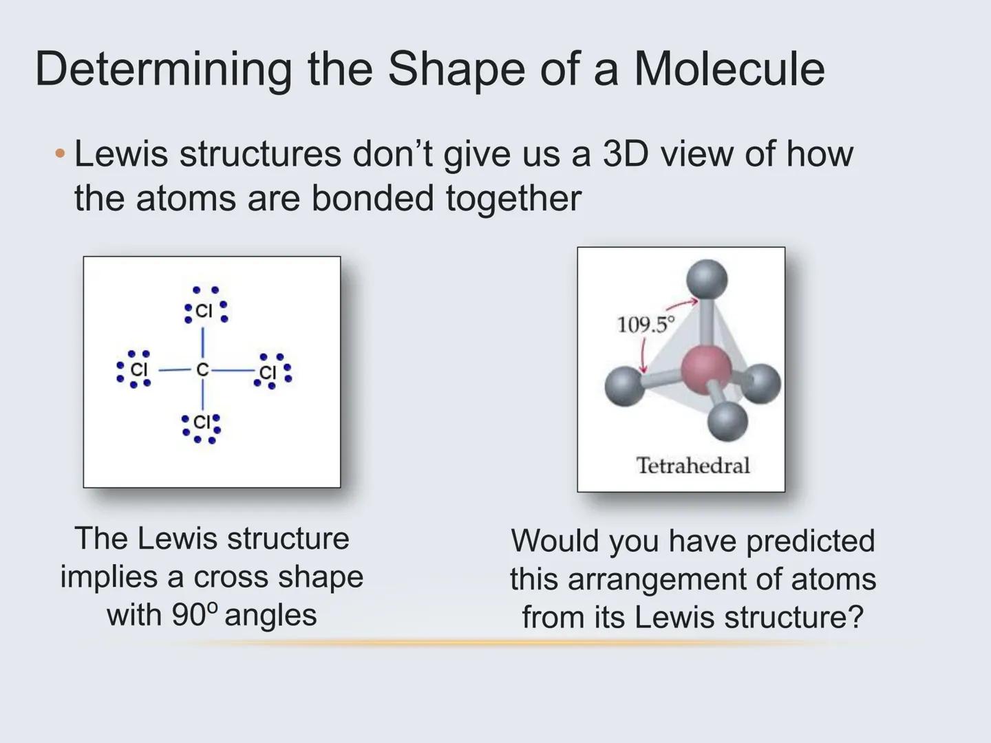 # Molecular Geometry
The Shapes of Molecules # Molecular Geometry
• The 3D arrangement of atoms
that constitute a molecule
• Includes the
