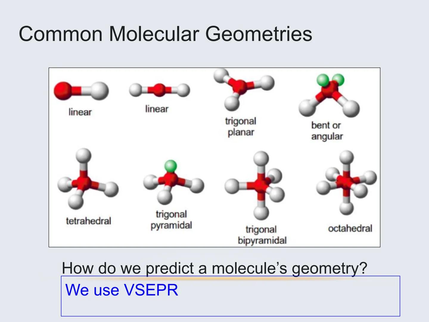 # Molecular Geometry
The Shapes of Molecules # Molecular Geometry
• The 3D arrangement of atoms
that constitute a molecule
• Includes the