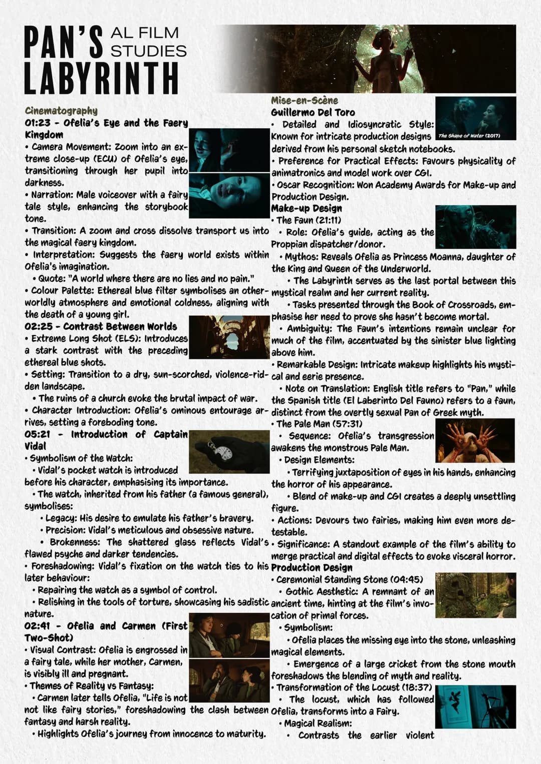 # PAN'S
AL FILM
STUDIES
LABYRINTH
Cinematography
01:23 Ofelia's Eye and the Faery
Kingdom
* Camera Movement: Zoom into an ex-
treme clos