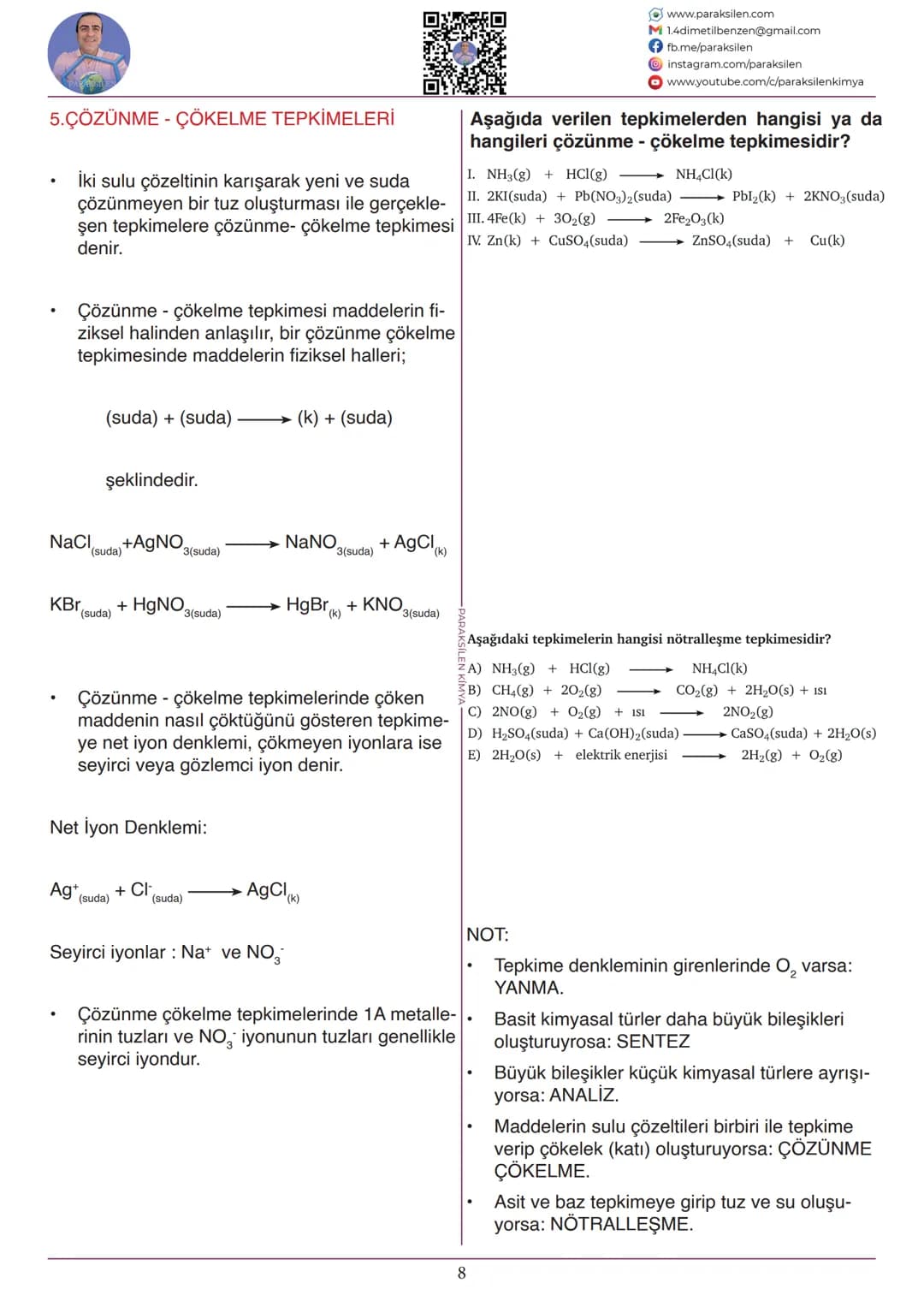 # TYT
# KİMYASAL TEPKİME TÜRLERİ
PX
Paraksilen Kimya
Paraksilen Kimya
www.paraksilen.com # SON 10 YILIN ANALİZİ
TYT KİMYASAL TEPKİME V