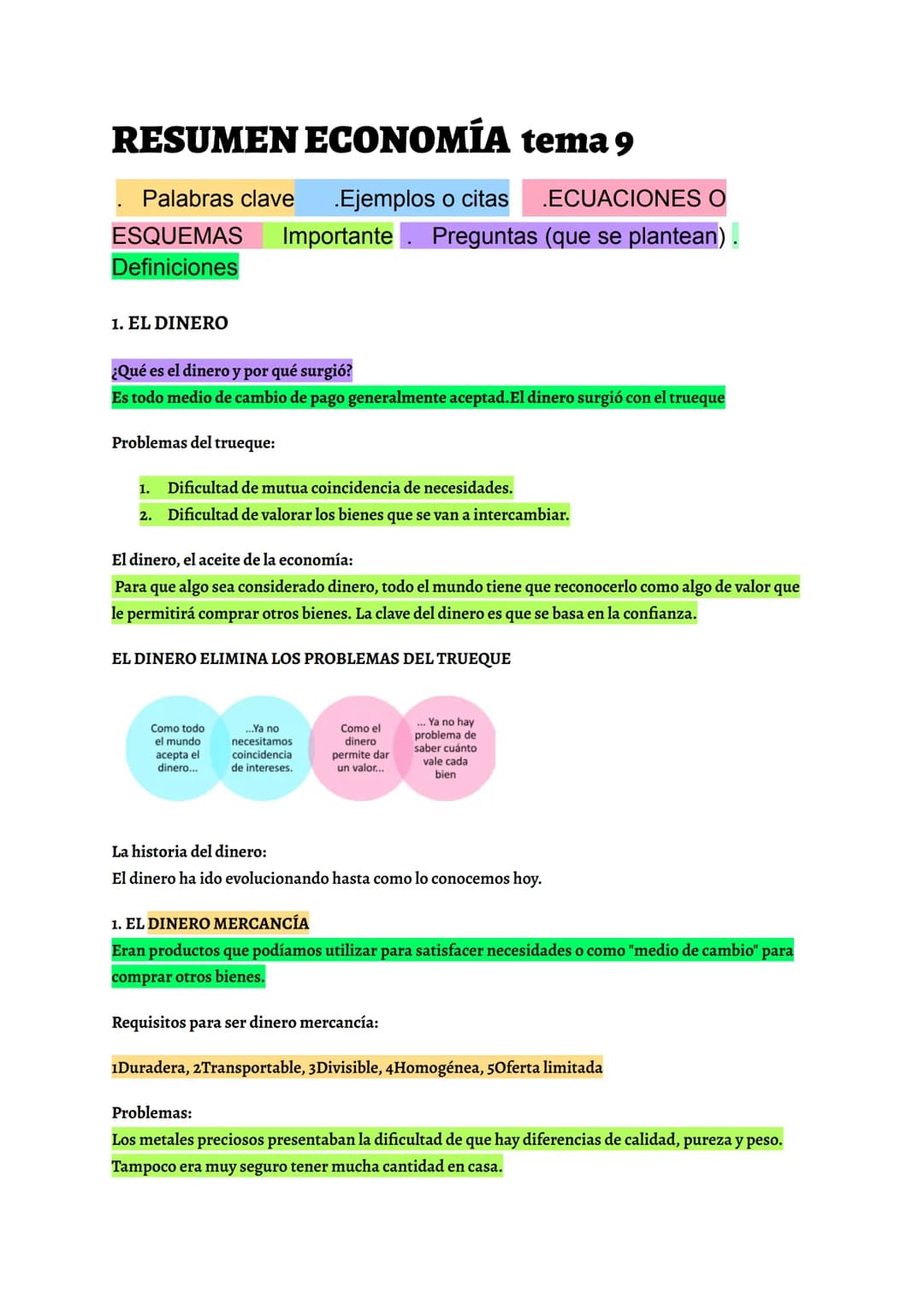 # RESUMEN ECONOMÍA tema 9
.Ejemplos o citas
.ECUACIONES O
Importante. Preguntas (que se plantean)
Palabras clave
ESQUEMAS
Definiciones