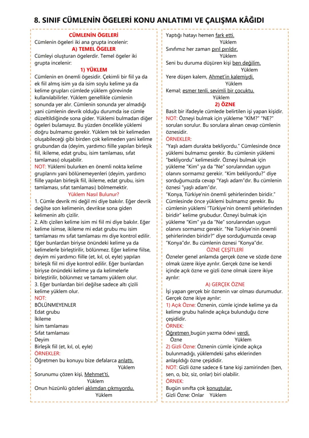 # 8. SINIF CÜMLENİN ÖGELERİ KONU ANLATIMI VE ÇALIŞMA KAĞIDI
CÜMLENİN ÖGELERİ
Cümlenin ögeleri iki ana grupta incelenir:
A) TEMEL ÖGELER
Cüm