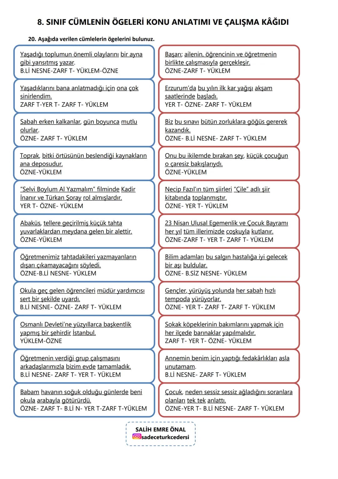 # 8. SINIF CÜMLENİN ÖGELERİ KONU ANLATIMI VE ÇALIŞMA KAĞIDI
CÜMLENİN ÖGELERİ
Cümlenin ögeleri iki ana grupta incelenir:
A) TEMEL ÖGELER
Cüm