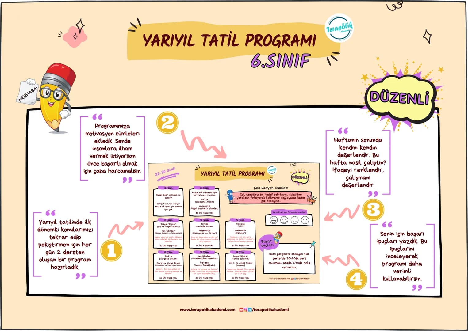 الله
MERHABA!
YARIYIL TATİL PROGRAMI
6.SINIF
Terapötik
Akademi
66
Programımıza
motivasyon cümleleri
ekledik. Sende
insanlara ilham
verme