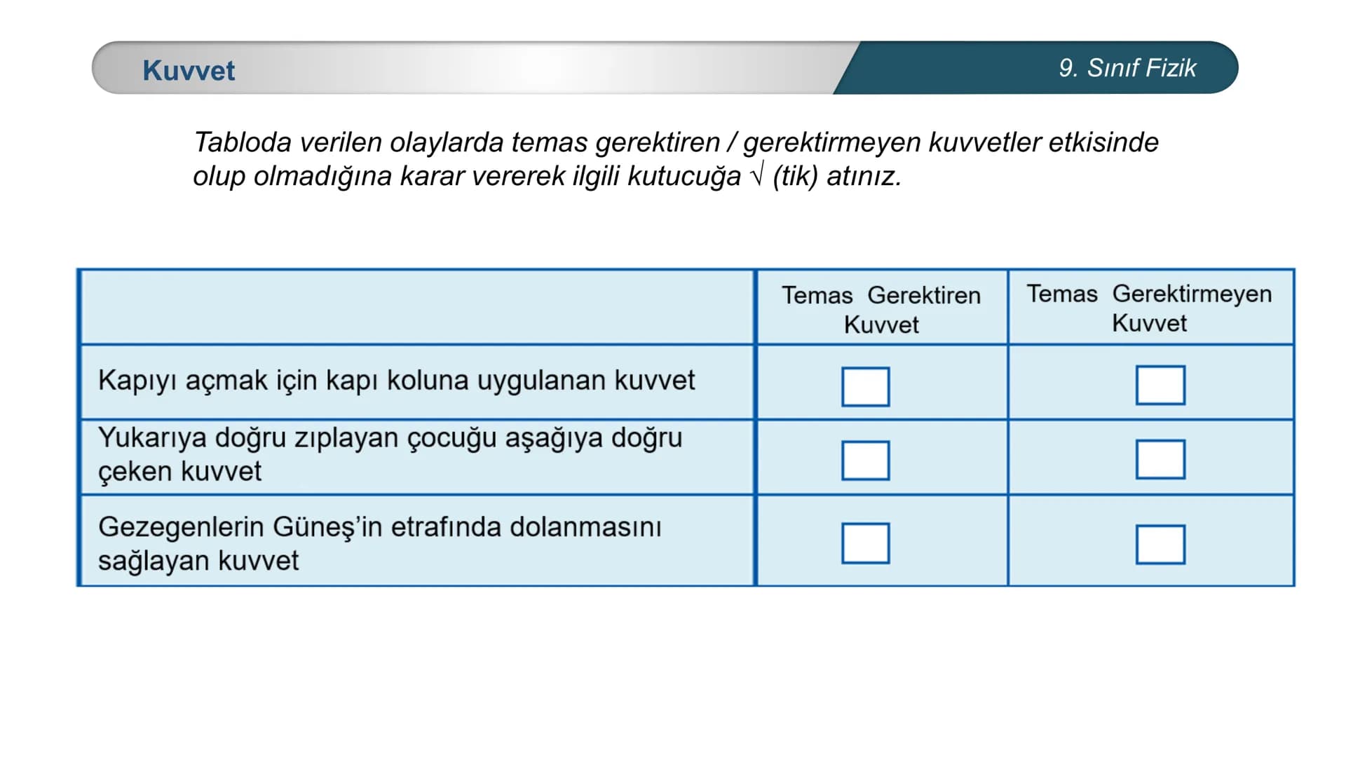 *
CUMHURİYE
E
T
TÜRKİYE
12
*
IM BAKANLIĞI
DO
*
FİZİK
9. SINIF
KUVVET ve HAREKET
Kuvvet Kuvvet
Bir cismin
şeklini
hareketinin doğrultusunu