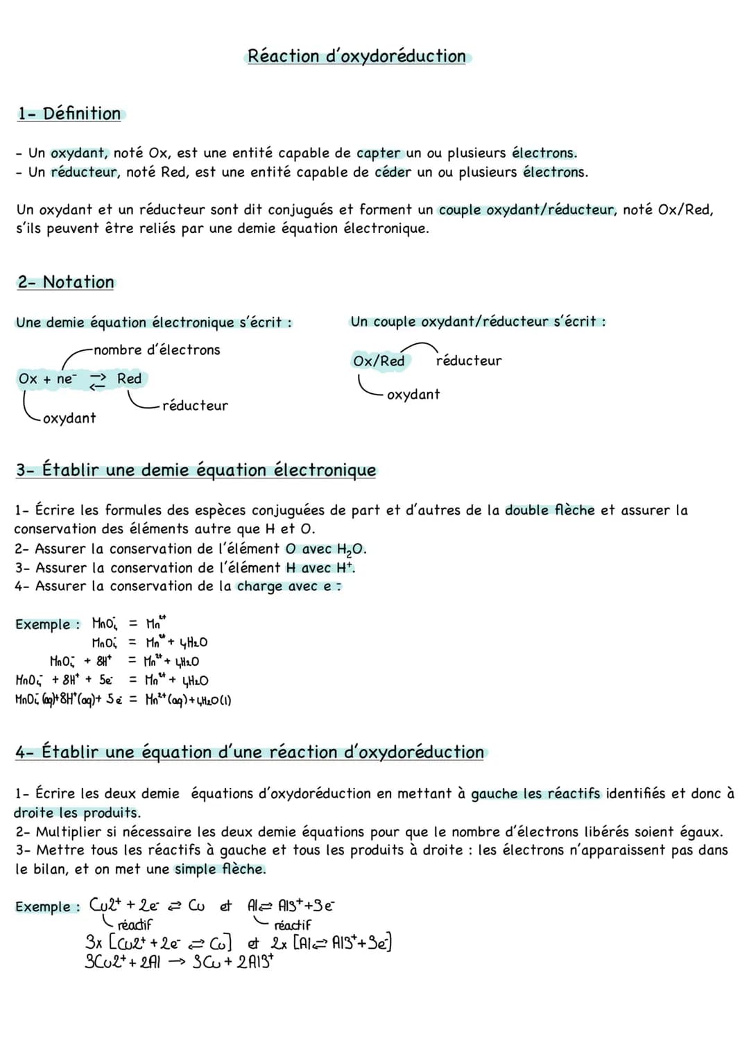# Réaction d'oxydoréduction
1- Définition
- Un oxydant, noté Ox, est une entité capable de capter un ou plusieurs électrons.
- Un réducteu