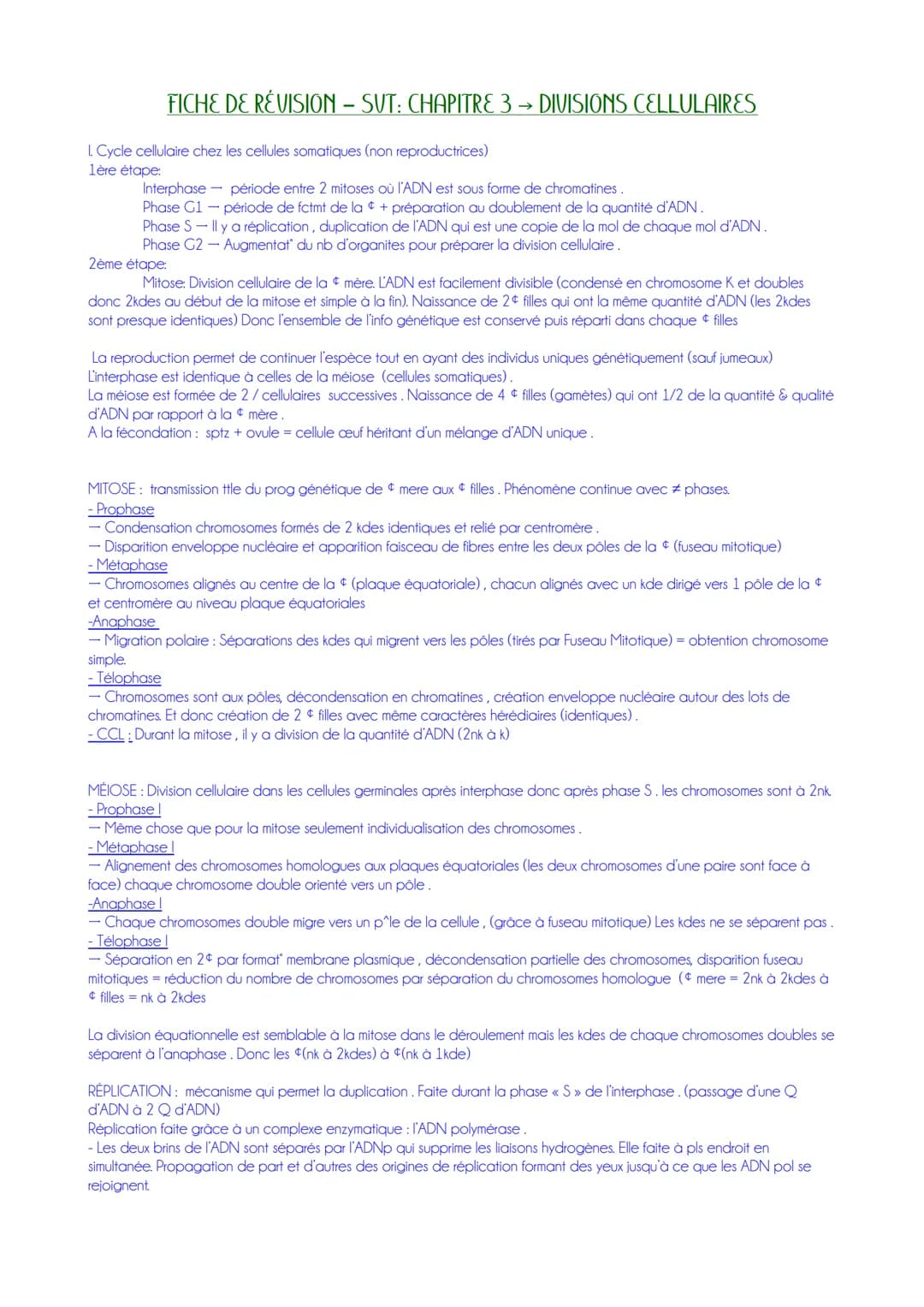 # FICHE DE RÉVISION - SUT: CHAPITRE 3 → DIVISIONS CELLULAIRES
L Cycle cellulaire chez les cellules somatiques (non reproductrices)
lère ét