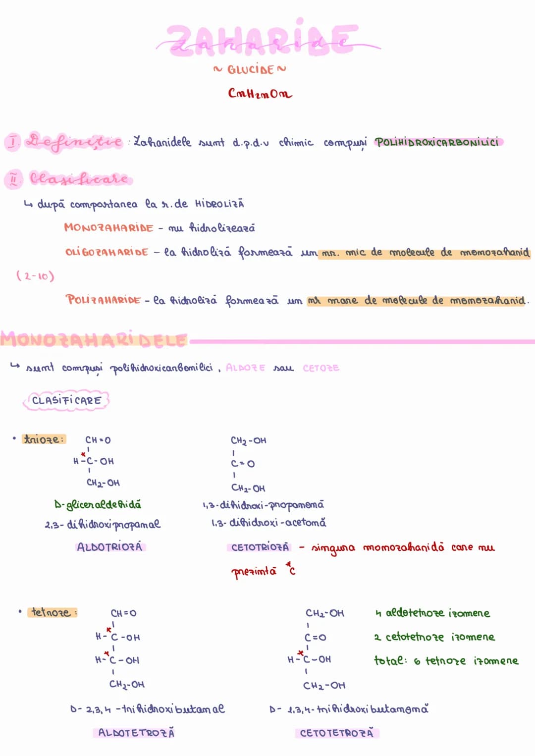 # ZAHARIBE
~ GLUCIDEN
$C_nH_{2n}O_n$
I Definitie: Zahanidele sumt d.p.d.v chimic compusi POLIHIDROXICARBONİLİCİ
Clasificare
↳ după comp