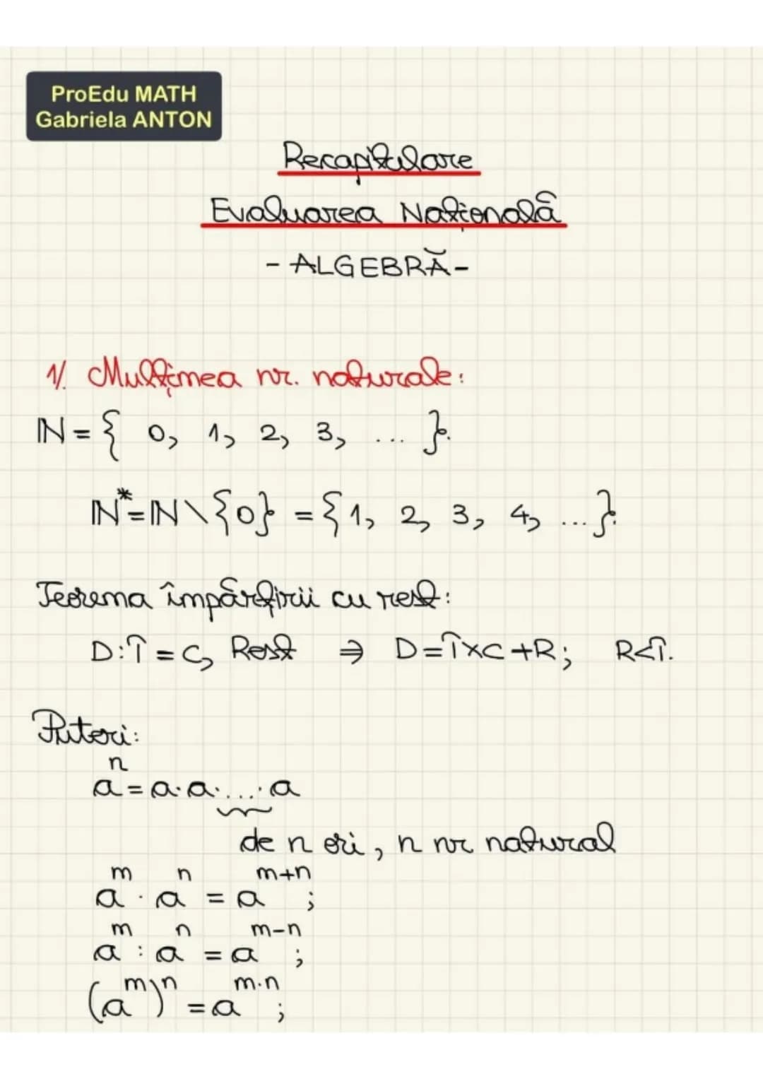 ProEdu MATH
Gabriela ANTON
Recapitulare
Evaluarea Νationala
- ALGEBRA-
1. Multimea nr. naturale:
$N = \{ 0, 1, 2, 3, ..... \}$
$N^*=IN\{0