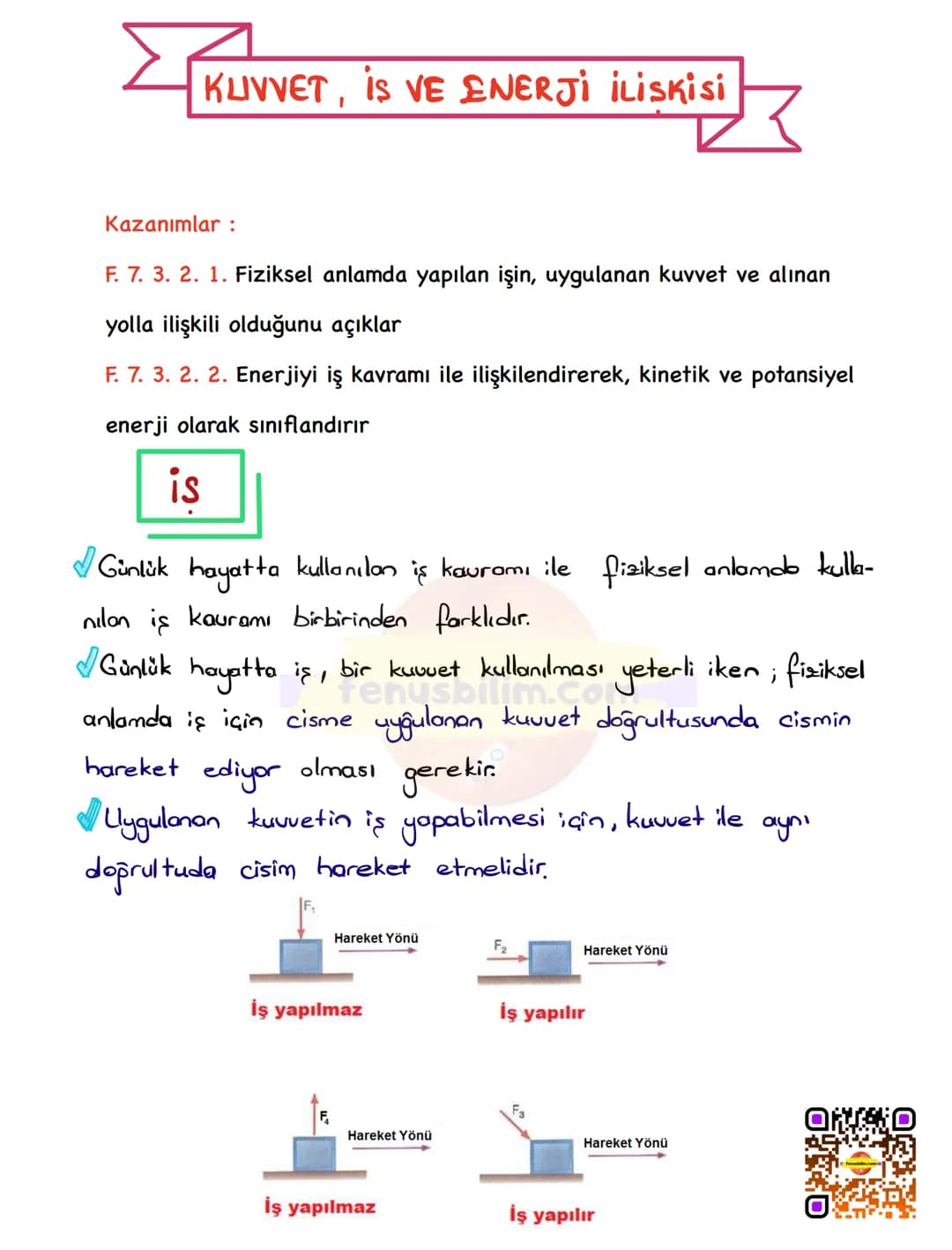# KUVVET, IS VE ENERJİ İLİSKİsi
Kazanımlar :
F. 7. 3. 2. 1. Fiziksel anlamda yapılan işin, uygulanan kuvvet ve alınan
yolla ilişkili olduğ