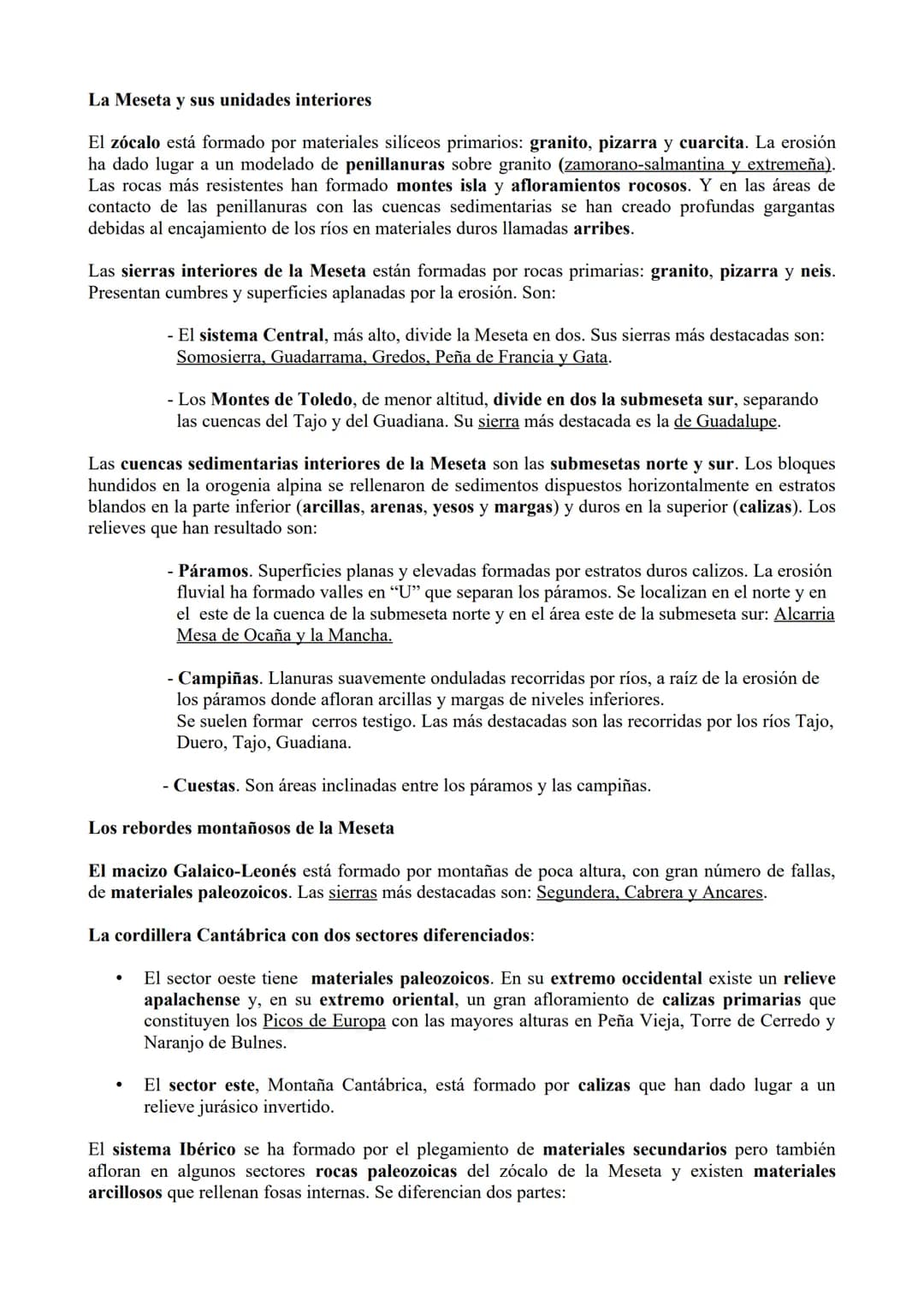 TEMA 2. Estructuras del relieve interiores: la Meseta y los relieves de borde de la
Meseta
1.- Origen y características.
La Meseta es una