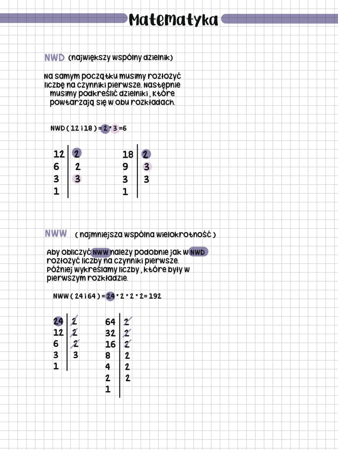 # Matematyka
NWD (największy wspólny dzielnik)
Na samym początku musimy rozłożyć
liczbę na czynniki pierwsze. Następnie
musimy podkreślić