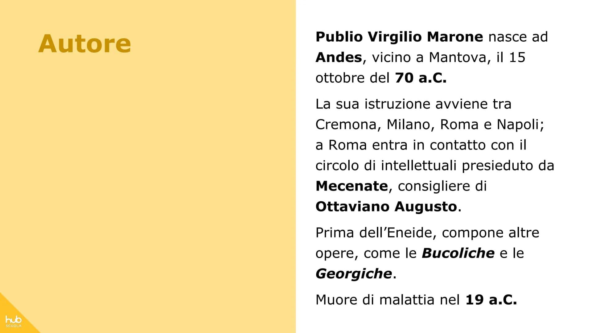 # hub
SCUOLA
# L'Eneide # Definizione
L'Eneide è un poema epico in
latino composto da Virgilio a
partire, circa, dal 29 a.C. e
lsciato inc