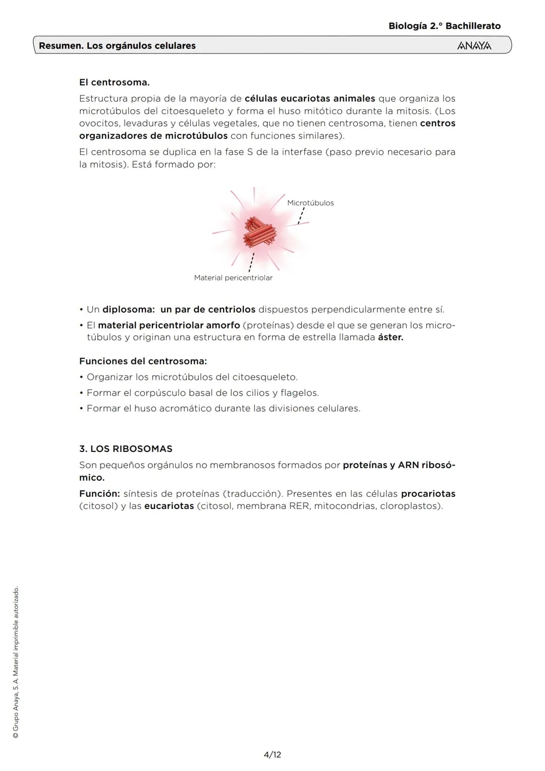 # Resumen. Los orgánulos celulares
Biología 2.º Bachillerato
ANAYA
1. EL CITOPLASMA Y EL CITOSOL
El citoplasma (interior de la célula) es