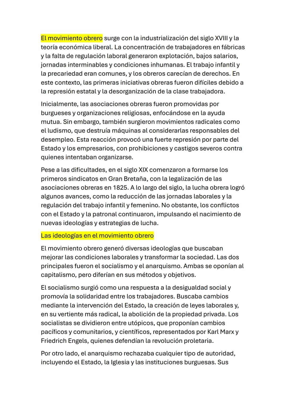 El movimiento obrero surge con la industrialización del siglo XVIII y la
teoría económica liberal. La concentración de trabajadores en fábri