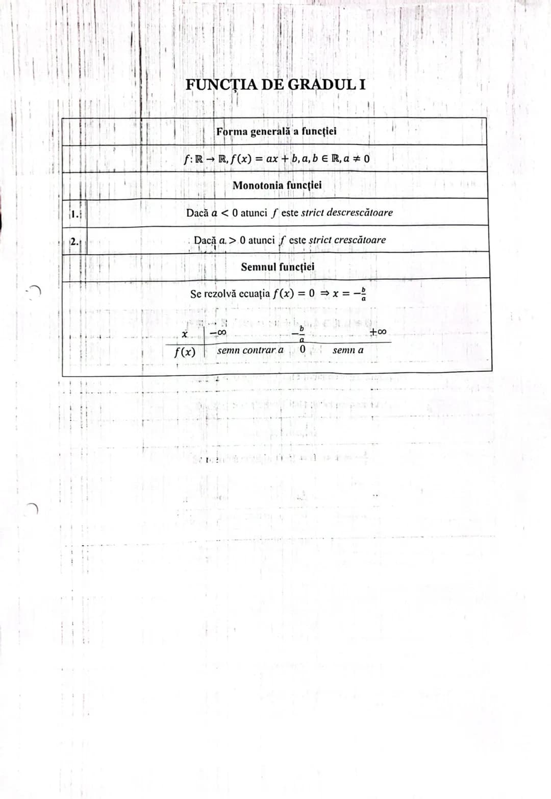 # FUNCŢIA DE GRADUL I
Forma generală a funcției
f: R$\rightarrow$R, f(x) = ax + b, a, b $\in$ R, a $\neq$ 0
Monotonia funcției
1.1 Dacă
