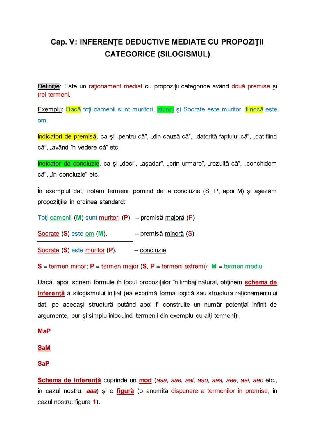 # Cap. V: INFERENȚE DEDUCTIVE MEDIATE CU PROPOZIŢII
CATEGORICE (SILOGISMUL)
Definitie: Este un raţionament mediat cu propoziţii categorice