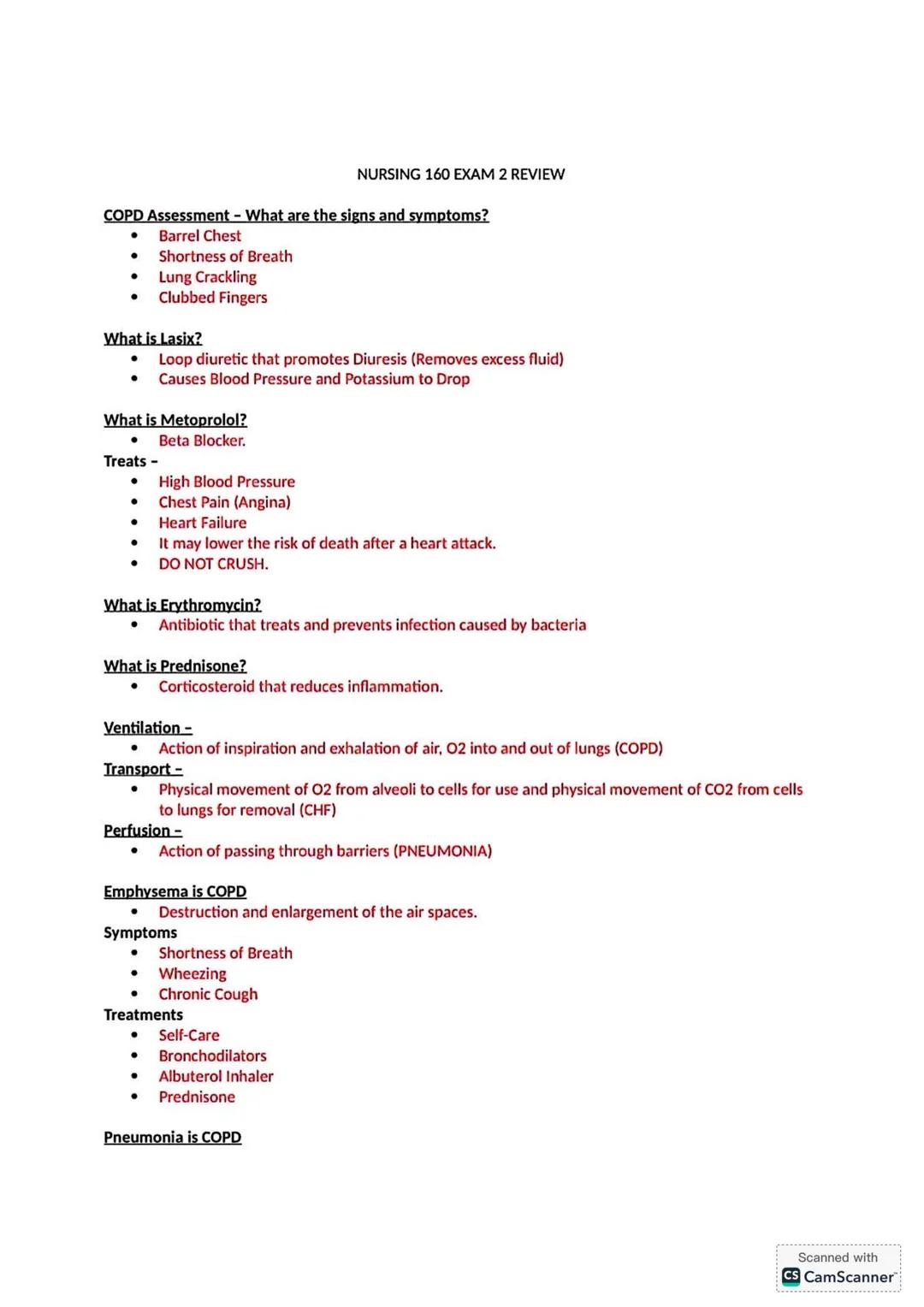 NURSING 160 EXAM 2 REVIEW
COPD Assessment - What are the signs and symptoms?
- Barrel Chest
- Shortness of Breath
- Lung Crackling
- Clubbe