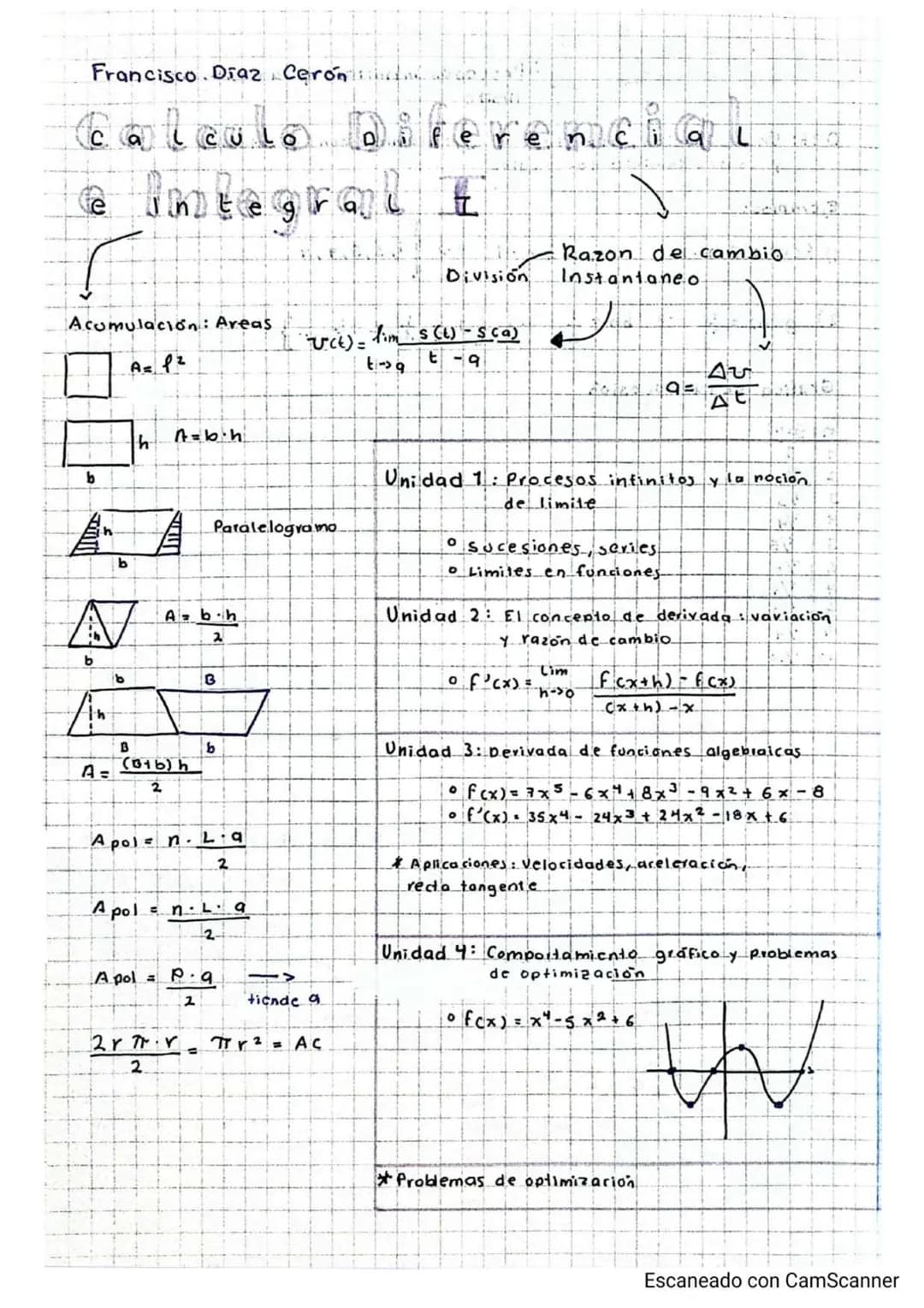 # Francisco. Diaz Cerón:
Calculo diferencial
@ imtegral
Acumulación: Areas
A= 12
hAbh
b
b
Paralelogramo
Abh
2
b
B
Th
B
b
A=(