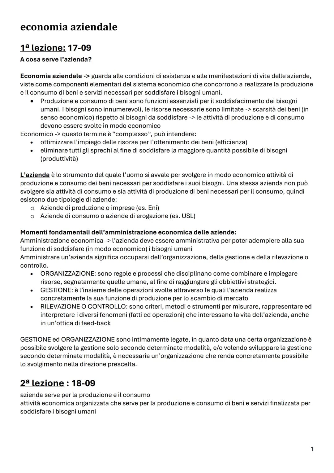 # economia aziendale
1ª lezione: 17-09
A cosa serve l'azienda?
Economia aziendale -> guarda alle condizioni di esistenza e alle manifestaz