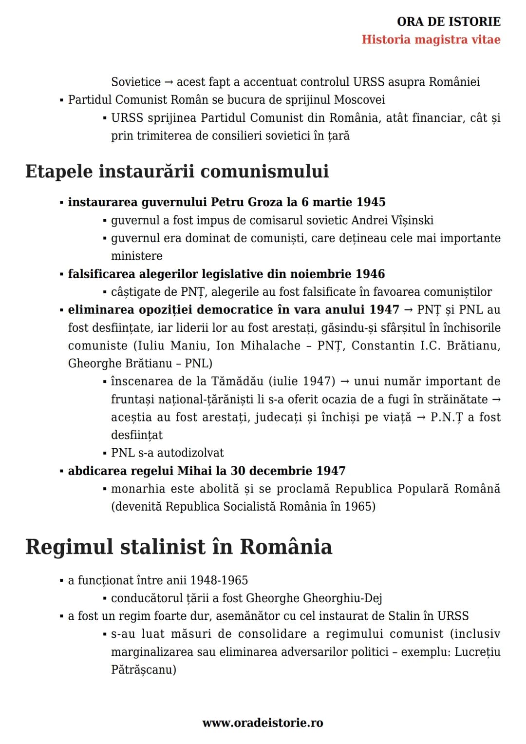 # ORA DE ISTORIE
Historia magistra vitae
România postbelică. Stalinism,
național-comunism și disidență
anticomunistă. Construcția
democrați