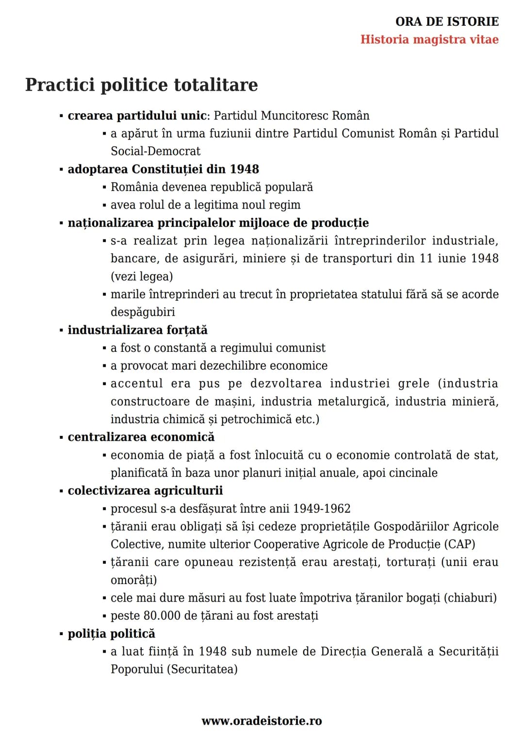 # ORA DE ISTORIE
Historia magistra vitae
România postbelică. Stalinism,
național-comunism și disidență
anticomunistă. Construcția
democrați