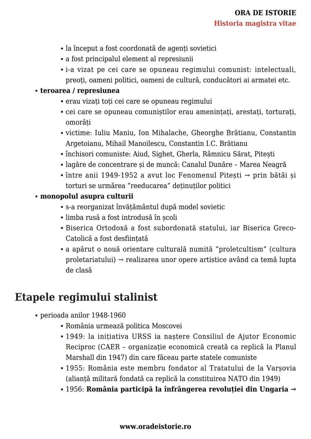 # ORA DE ISTORIE
Historia magistra vitae
România postbelică. Stalinism,
național-comunism și disidență
anticomunistă. Construcția
democrați