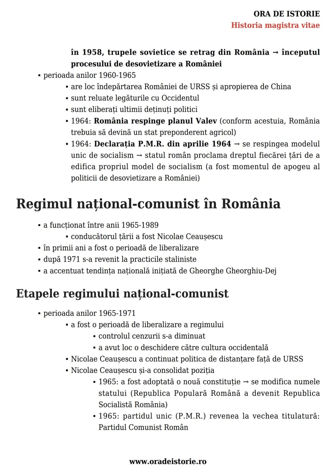 # ORA DE ISTORIE
Historia magistra vitae
România postbelică. Stalinism,
național-comunism și disidență
anticomunistă. Construcția
democrați