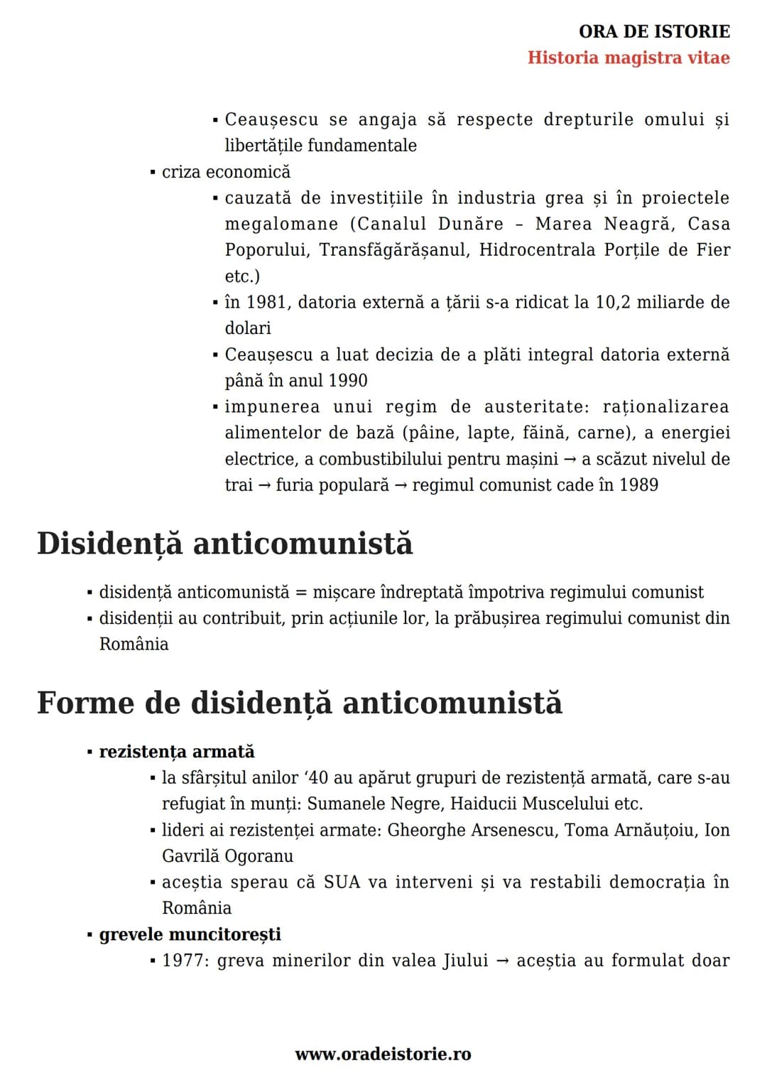 # ORA DE ISTORIE
Historia magistra vitae
România postbelică. Stalinism,
național-comunism și disidență
anticomunistă. Construcția
democrați