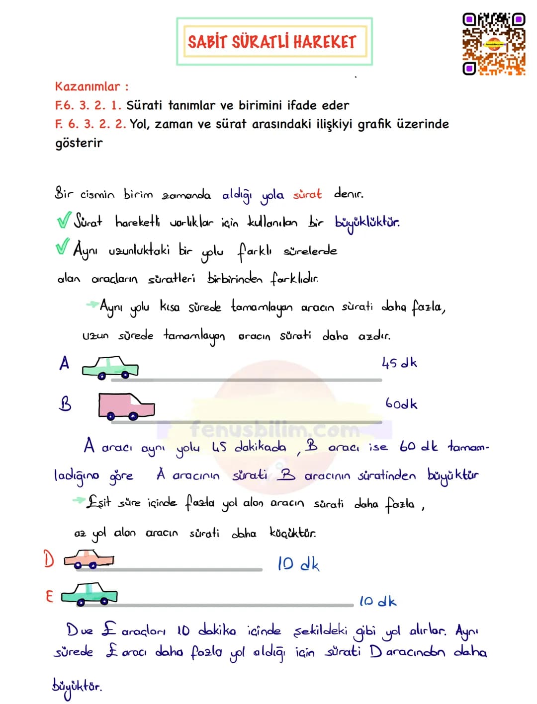 SABİT SÜRATLİ HAREKET
Kazanımlar :
F.6. 3. 2. 1. Sürati tanımlar ve birimini ifade eder
F. 6. 3. 2. 2. Yol, zaman ve sürat arasındaki ilişk