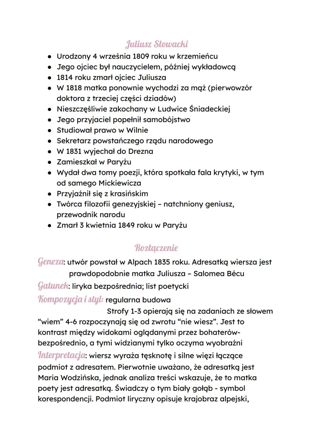 Juliusz Słowacki
* Urodzony 4 września 1809 roku w krzemieńcu
* Jego ojciec był nauczycielem, później wykładowcą
* 1814 roku zmarł oj