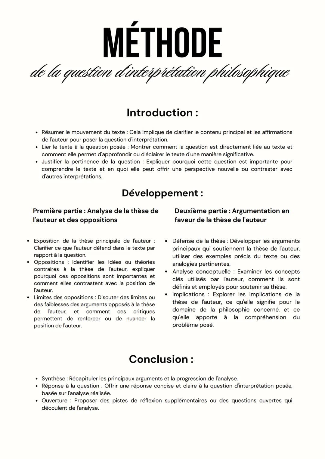 # MÉTHODE
de la question d'interprétation philosophique
## Introduction:
- Résumer le mouvement du texte: Cela implique de clarifier le c