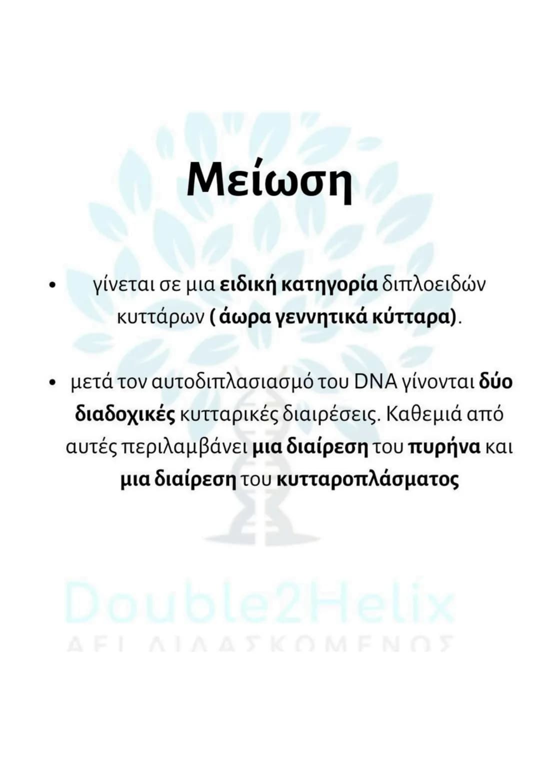 # Μείωση
* γίνεται σε μια ειδική κατηγορία διπλοειδών
κυττάρων (άωρα γεννητικά κύτταρα).
* μετά τον αυτοδιπλασιασμό του DNA γίνονται δύ