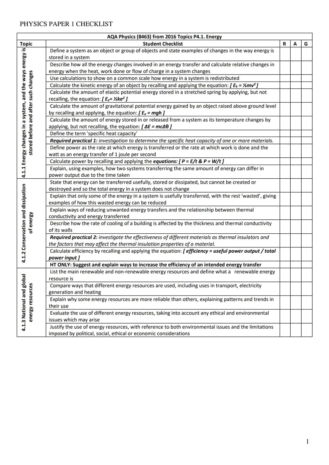 PHYSICS PAPER 1 CHECKLIST
Topic
4.1.1 Energy changes in a system, and the
ways energy is
stored before and after such changes
4.1.2 Conse